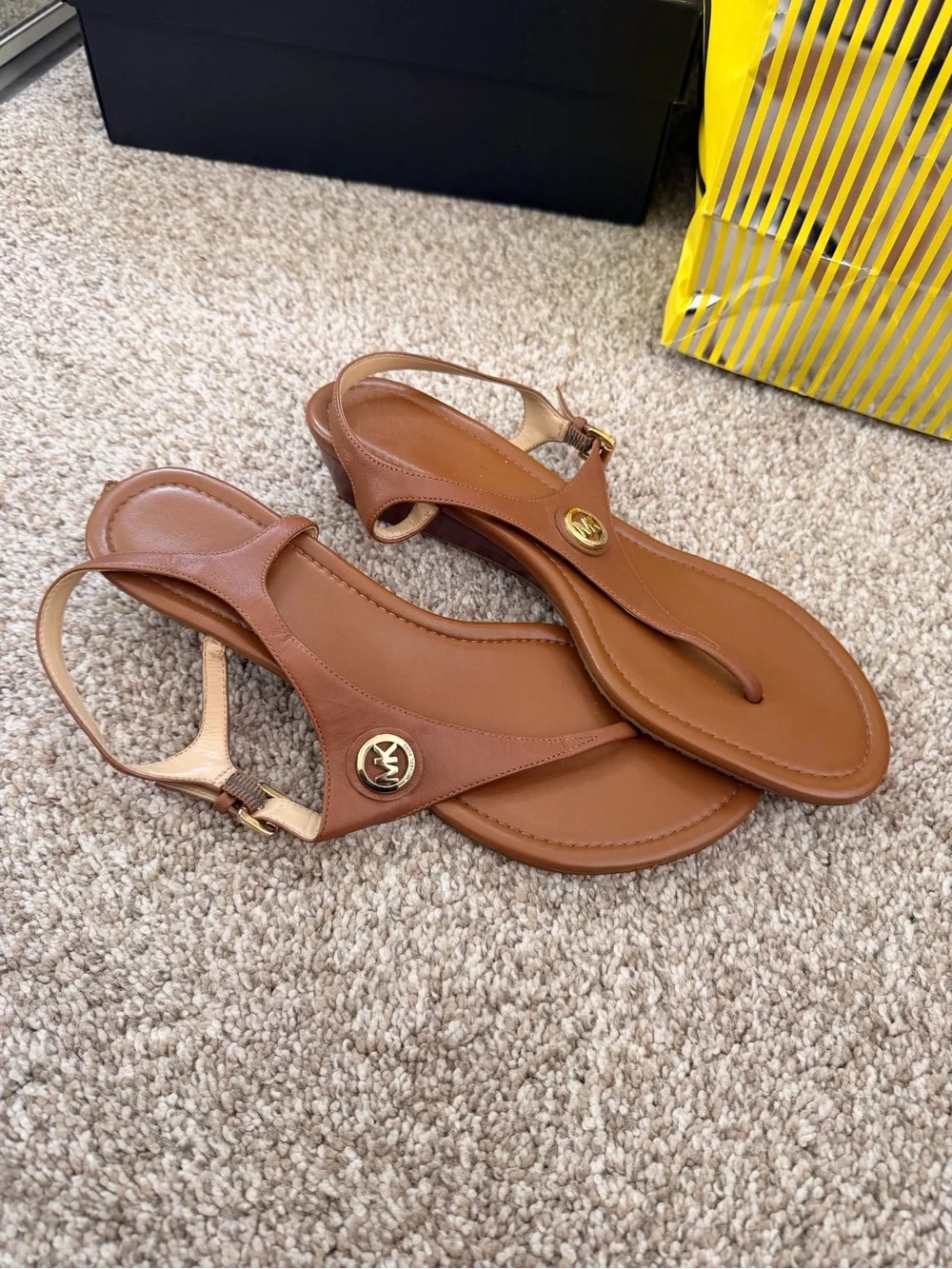 Michael Kors Cognac Leather T-strap Sandals with Gold Logo